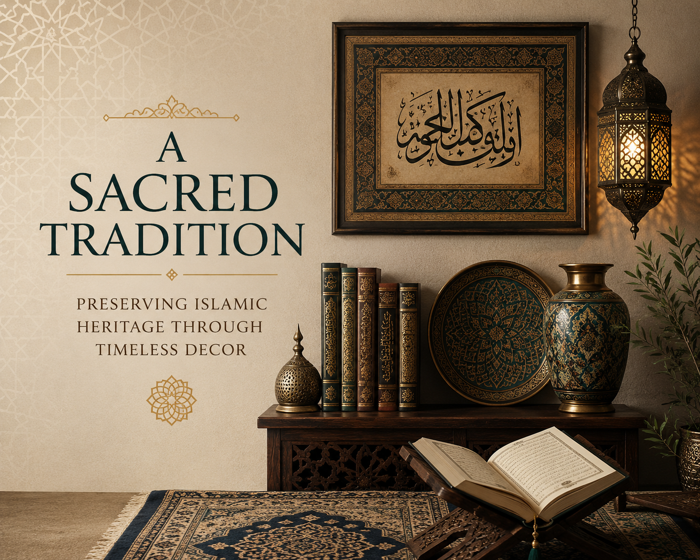 Islamic decor featuring Kaaba-inspired wall art, Arabic calligraphy, lanterns, and elegant home styling.