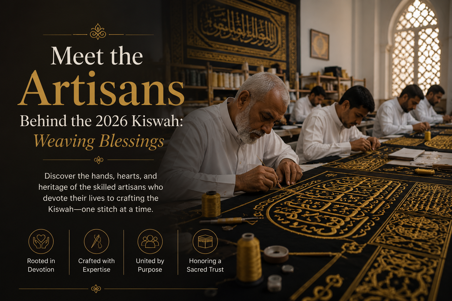 Saudi artisans hand-embroidering the 2026 Kaaba Kiswah with genuine gold thread at the King Abdulaziz Complex in Makkah.