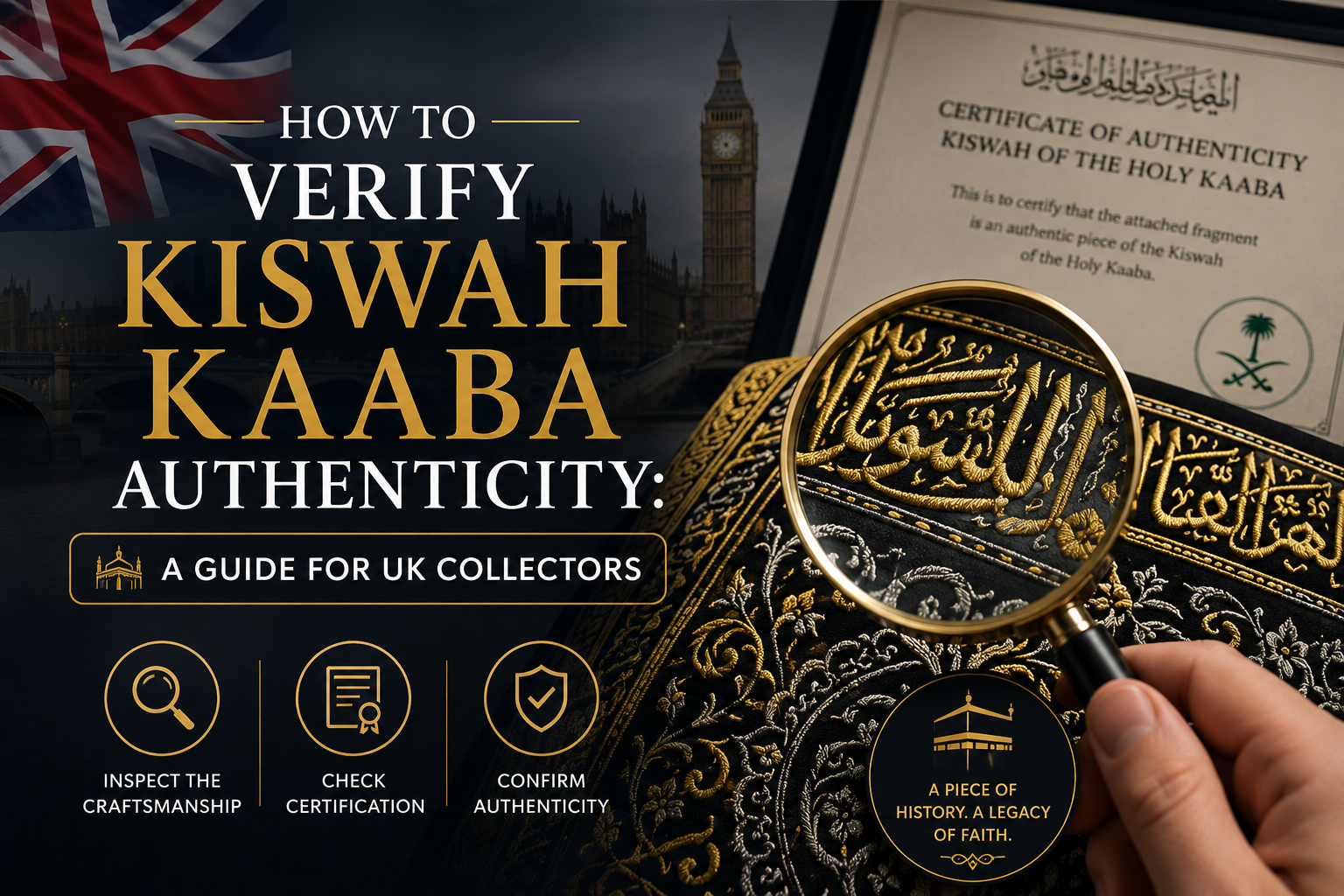 Authentic Kiswah Kaaba fragment with gold embroidery and black silk for authenticity verification.