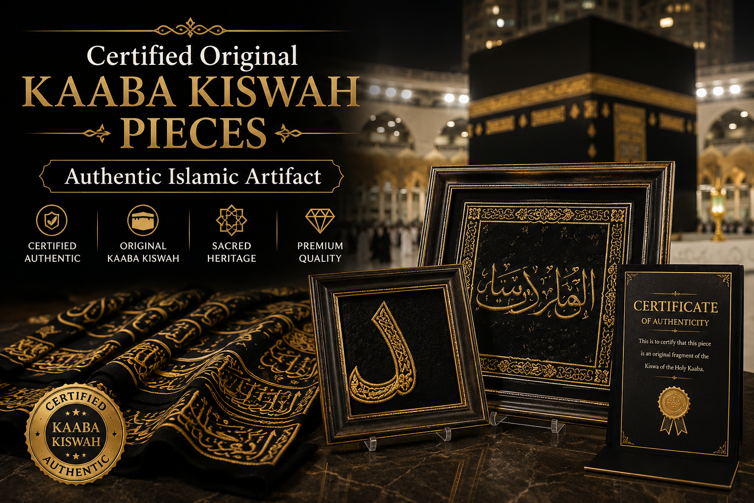 Authentic Kaaba Kiswah for Sale – Certified Original Kaaba Kiswah Piece Framed as an Authentic Islamic Artifact