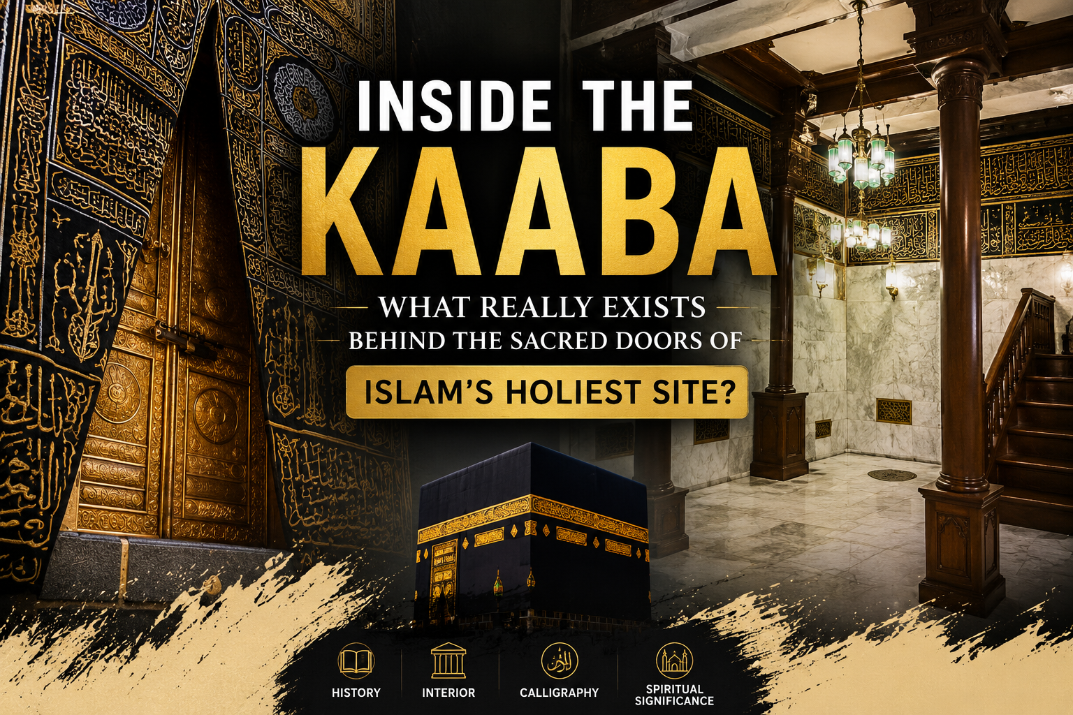 Inside the Kaaba showing the sacred interior with marble walls, wooden pillars, hanging lamps, and Islamic architectural details in Makkah