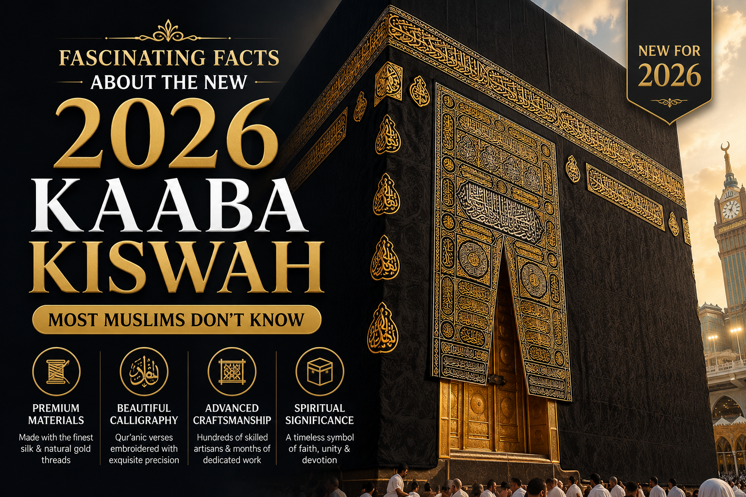 2026 Kaaba Kiswah covering on the Holy Kaaba featuring black silk, gold embroidery, and intricate Islamic calligraphy in Makkah
