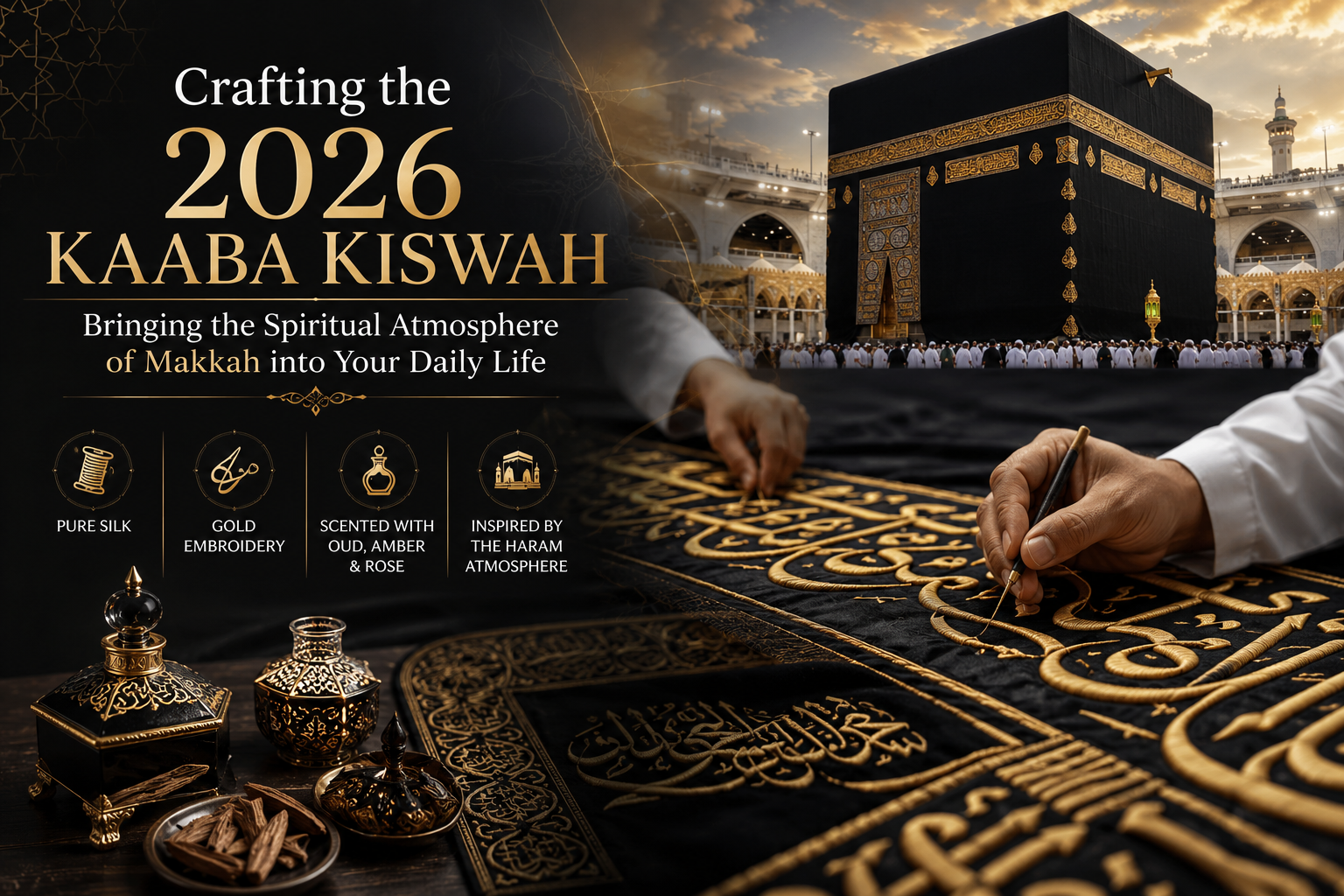Master artisans crafting the 2026 Kaaba Kiswah with black silk, gold embroidery, and intricate Islamic calligraphy in Makkah.