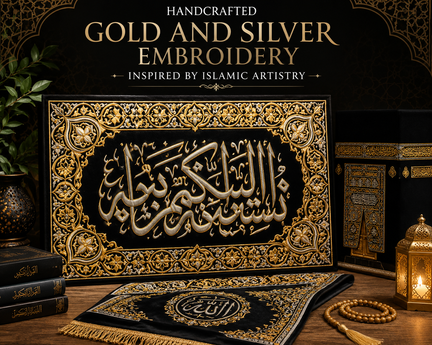 Handcrafted Gold and Silver Embroidery featuring Kaaba-inspired Islamic wall art with elegant Arabic calligraphy and metallic threadwork.