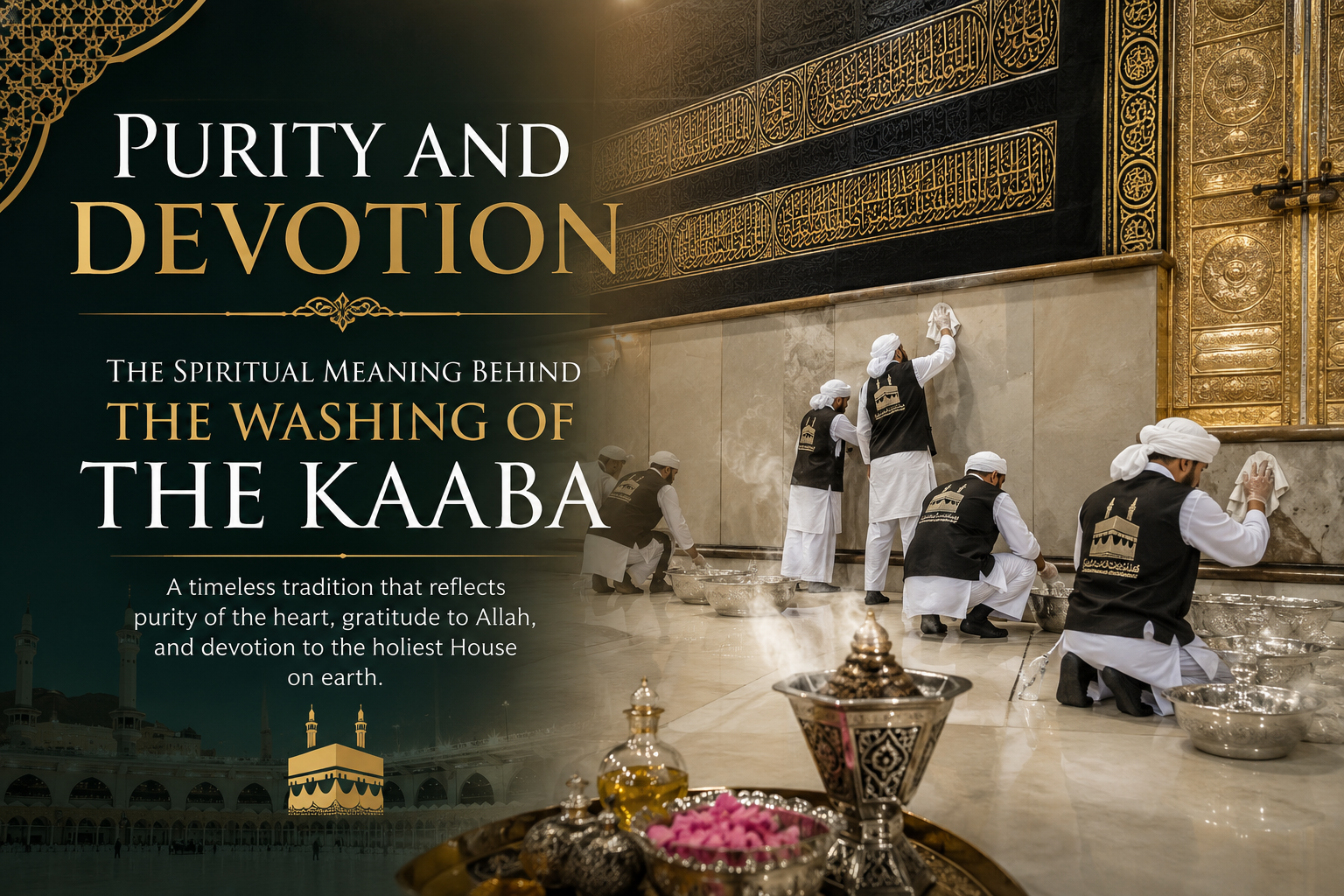 Purity and devotion during the washing of the Kaaba ceremony inside the Holy Kaaba in Makkah
