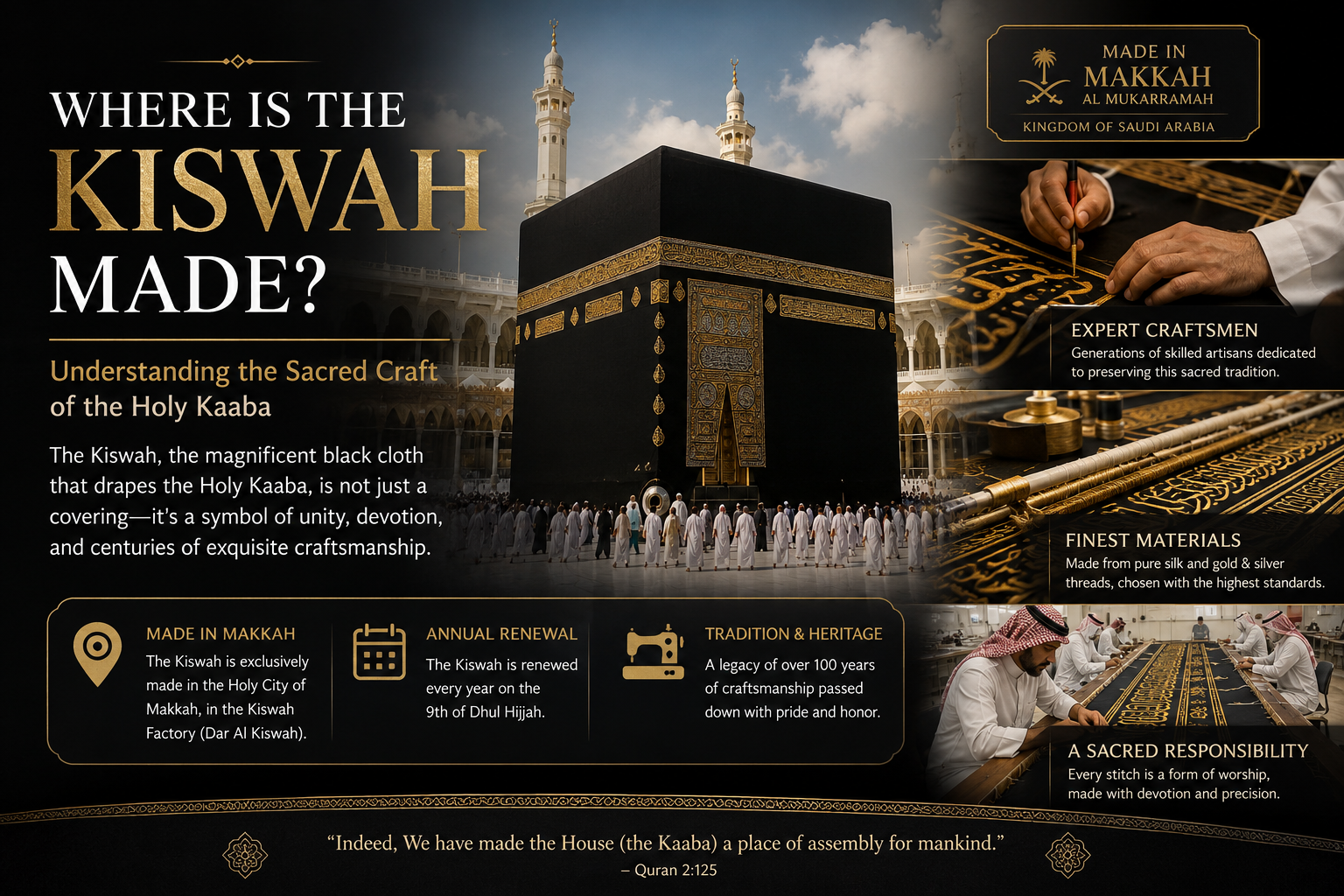 Where Is the Kiswah Made? The sacred black silk Kiswah of the Holy Kaaba with intricate gold Quranic embroidery crafted in Makkah, Saudi Arabia