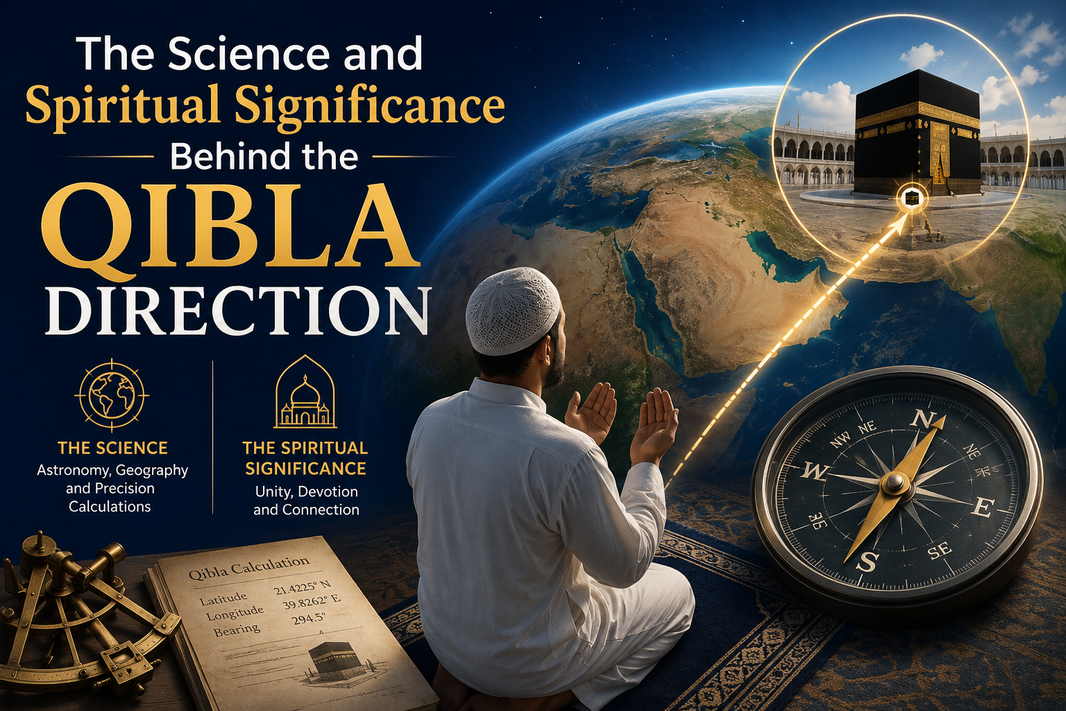 Science Behind Qibla Direction showing Muslims facing the Holy Kaaba during Salah in Makkah