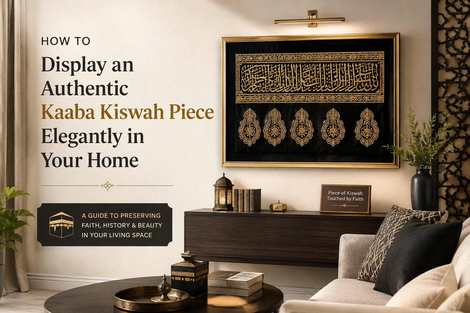 Authentic Kaaba Kiswa Frame UK displayed elegantly in a modern Islamic home