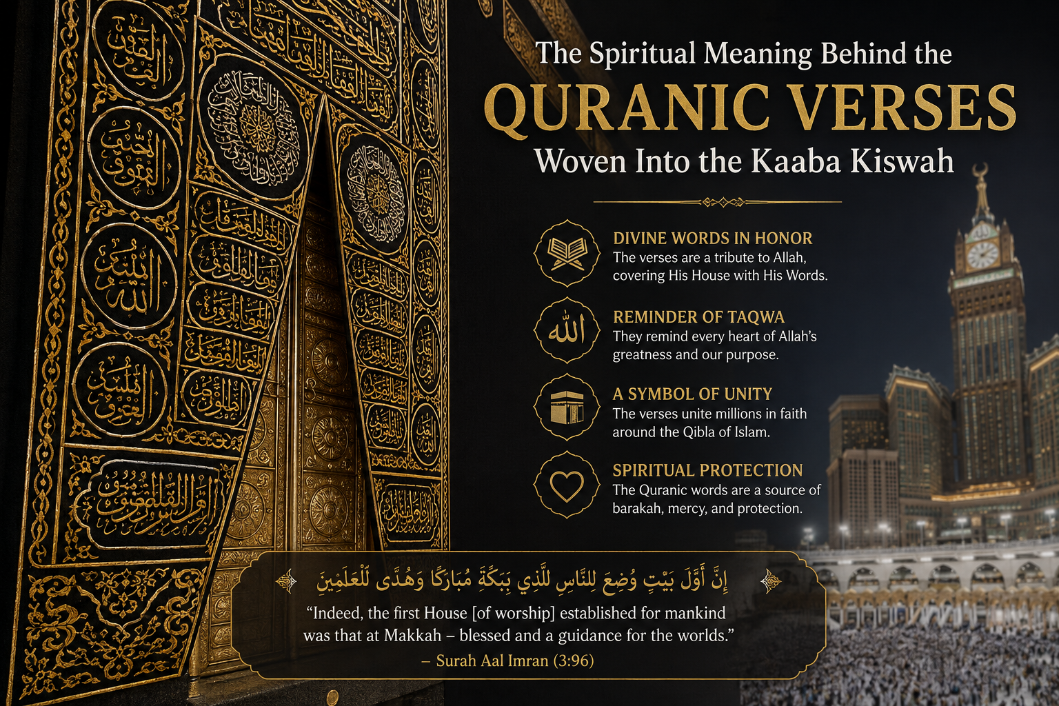 Quranic Verses on Kaaba Kiswah embroidered in gold and silver on authentic black silk