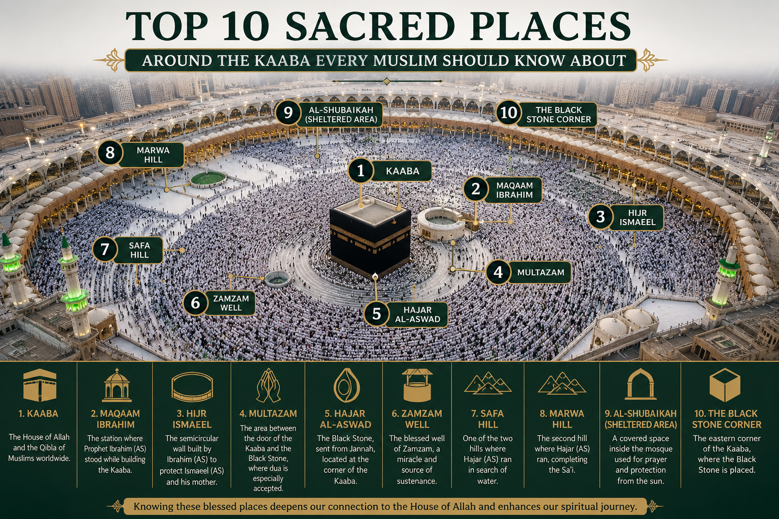 Sacred Places Around the Kaaba including the Holy Kaaba, Maqam Ibrahim, Zamzam Well, Safa and Marwah inside Masjid al-Haram in Makkah