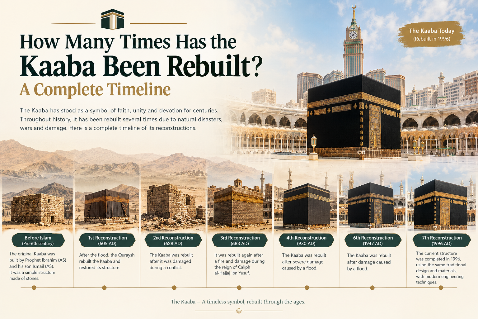 Kaaba rebuilt throughout history showing major reconstruction and restoration events